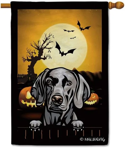 Miniatura 10 de Bandera de jardín de calabaza de Feliz Halloween Jack O'Lantern con perro Rhodesian Ridgeback Halloween Bat Boo Bandera decorativa para patio al