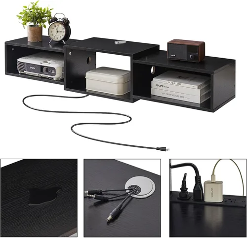Miniatura 6 de IBUYKE Soporte flotante para TV montado en la pared con toma de corriente, moderno estante de consola de madera montado en la pared, centro
