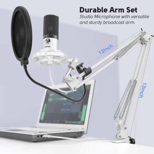 Miniatura 5 de Kit de micrófono de grabación USB FIFINE, micrófono de condensador de estudio para voces, creación de música, voz en off, canto con brazo de boom