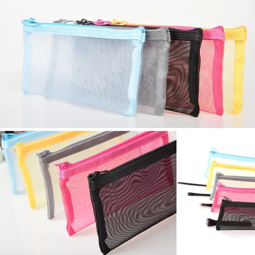 Miniatura 4 de patu Bolsas de malla con cremallera, estuche largo, 5 piezas, organizador de accesorios cosméticos de maquillaje de belleza, juego de artículos