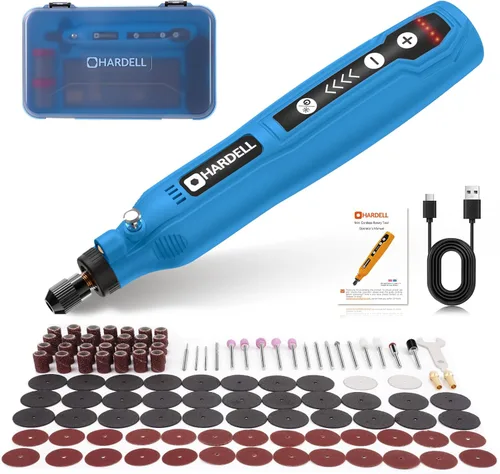 Miniatura 9 de HARDELL - Kit de herramienta rotatoria inalámbrica multiusos mini con 5 velocidades, carga USB y 69 accesorios, 3.7 V para lijar, pulir, perforar