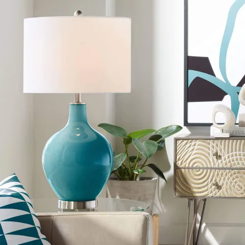 Miniatura 23 de Color + Plus Lámpara de mesa moderna de 28.5 pulgadas de alto, cristal azul Mónaco OVO blanco con pantalla de tambor de lino para sala de estar