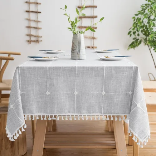 Oubonun Mantel rectangular de lino de algodón, resistente a las arrugas y resistente al agua, lavable a máquina con borlas para cocina y comedor, 55