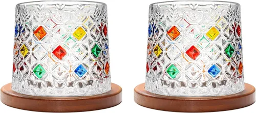 Miniatura 14 de Vaso de vidrio antiguo giratorio, 275ml/10oz de vidrio de whisky de cristal, posavasos de madera, engrosamiento, utilizado como vaso de ron, vaso