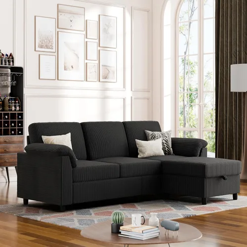 Miniatura 10 de Vongrasig Sofá Seccional Convertible, Sofá en Forma de L de 3 Asientos con Almohadas Removibles Tela de Pana Suave Sofá Pequeño de Mediados de Siglo