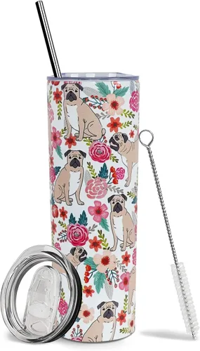 Vaso de viaje aislado de acero inoxidable de 20 onzas, diseño de pug con tapa y popote X-DOG-95