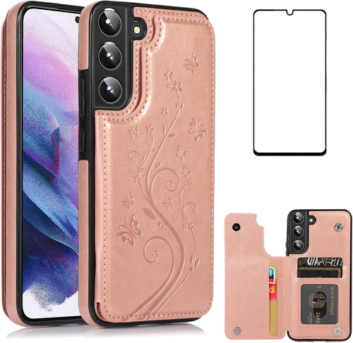 Asuwish Glaxay S22 - Funda para Samsung Galaxy S22 5G con protector de pantalla de vidrio templado, soporte de cuero con tarjetero y doble cierre