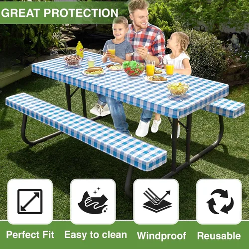 Miniatura 8 de Funda de mesa de picnic con fundas de banco, 500 GSM, reutilizable, de vinilo resistente, para exteriores, mantel de picnic impermeable con funda