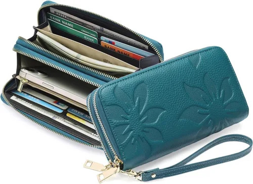 Miniatura 9 de GOIACII Cartera de mujer de gran capacidad con doble cremallera para mujer, soporte para teléfono con bloqueo RFID, correa de cuero, A02 Verde