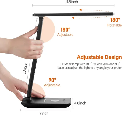 Miniatura 7 de Lámpara de escritorio LED con cargador inalámbrico, puerto de carga USB, lámpara de mesa con reloj, alarma, fecha, temperatura, lámparas de Negro