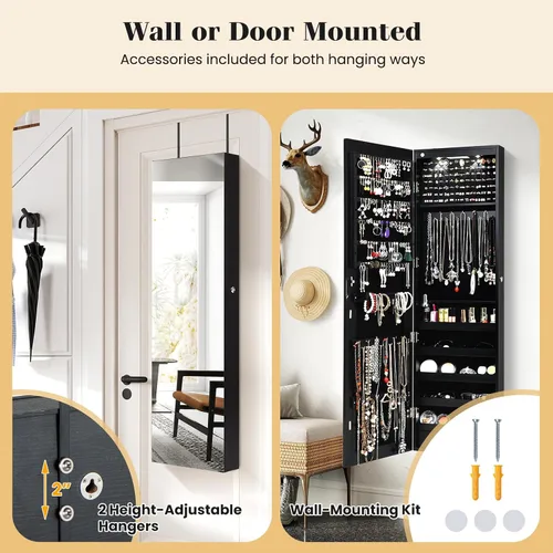 Miniatura 3 de Giantex Armario de joyería para puerta de pared con espejo de longitud completa, 2 LED con cerradura grande organizador de joyas con espejo ancho