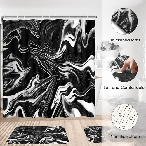 Miniatura 4 de ArtSocket Juego de cortina de ducha en blanco y negro con alfombras, juego de baño de mármol con alfombra antideslizante, cubierta para tapa