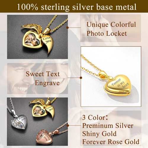 Miniatura 5 de SILVERCUTE Personalized & Engraved Locket Necklace with 18" Chain -Angel Wings Locket, Custom Heart Locket Pendant That Holds Picture, Sterling