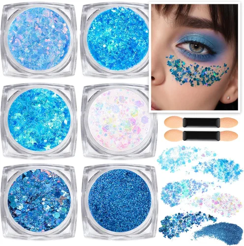 Teenitor Purpurina para Cara y Cuerpo - Azul, Gel de Purpurina para Cabello, 6 Formas Purpurina de Maquillaje Festival para Cara, Cabello y Cuerpo