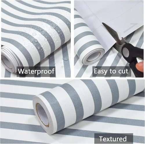 Miniatura 3 de Cohoo Home Papel tapiz a rayas para despegar y pegar, papel de contacto bohemio para gabinetes, rayas grises y blancas, papel tapiz moderno