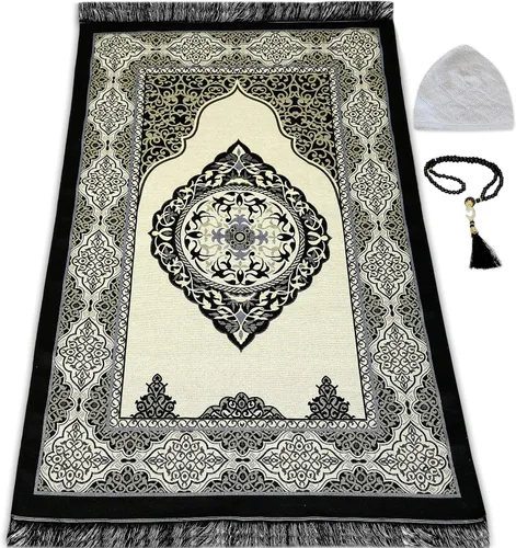 Miniatura 2 de ESERRA Alfombra de oración musulmana, 99 cuentas y gorra incluidas, alfombrillas de oración del Islam para hombres, mujeres y niños (negro)