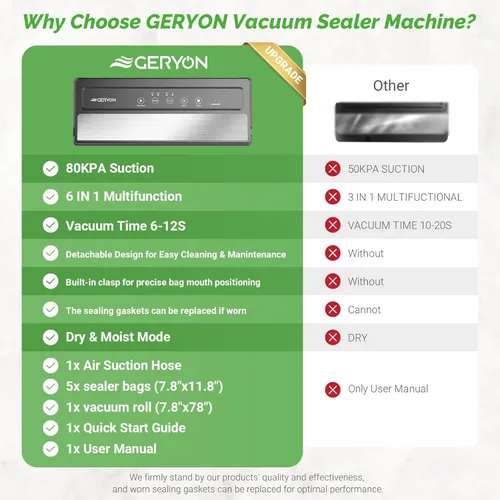 Miniatura 5 de GERYON Sellador al vacío, máquina selladora al vacío para almacenamiento de alimentos con bolsas selladoras y rollo, sellador automático de 1
