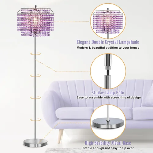 Miniatura 3 de Lámpara de pie de cristal morado, lámparas de pie de 64 pulgadas de alto con pantalla de doble capa, elegante lámpara de pie con interruptor de pie