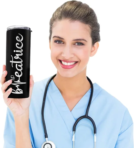 Miniatura 6 de Regalos de enfermera para mujeres, vaso personalizado para enfermera con nombre y especialidad, 20 onzas flacas, blanco, 8 diseños, con cepillo