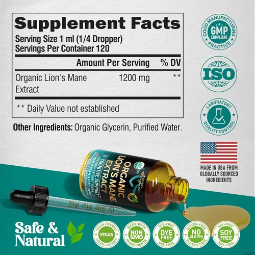 Miniatura 7 de Lions Mane Liquid - Suplemento Orgánico de Melena de León Certificado por USDA - Apoyo Cerebral, Energía, Memoria y Concentración - Extracto