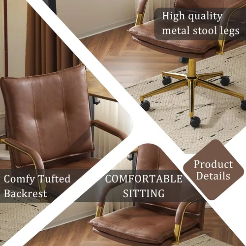 Miniatura 3 de MOJAY Silla de oficina, silla de escritorio de cuero, silla de escritorio marrón, silla de oficina moderna de mediados de siglo, silla de asiento