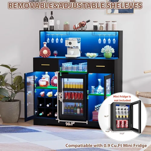 Miniatura 3 de Mini gabinete de nevera con almacenamiento, gabinetes de bar de vinos para el hogar con luz LED y toma de corriente, gabinete de barra de café
