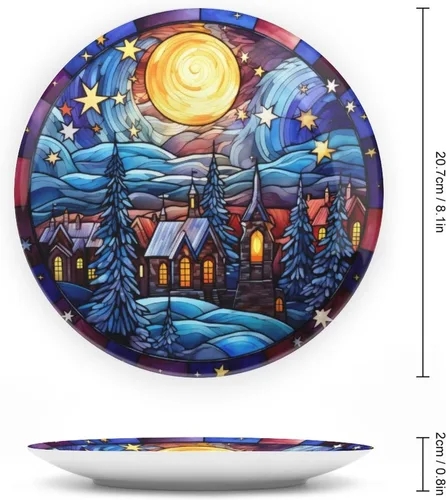 Miniatura 2 de Winter Village - Platos decorativos de noche de luna para decoración del hogar, platos de cerámica con diseño de vitrales para sala de estar, Noche