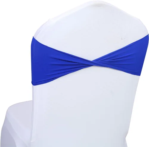 MDS Paquete de 100 bandas de elastano para silla, bandas lisas sin hebilla, reutilizables, elásticas, para decoración de bodas, recepciones, Azul