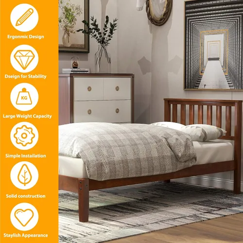 Miniatura 4 de MERITLINE Base de cama individual, plataforma de madera con cabecero y estribo, no necesita somier, nogal