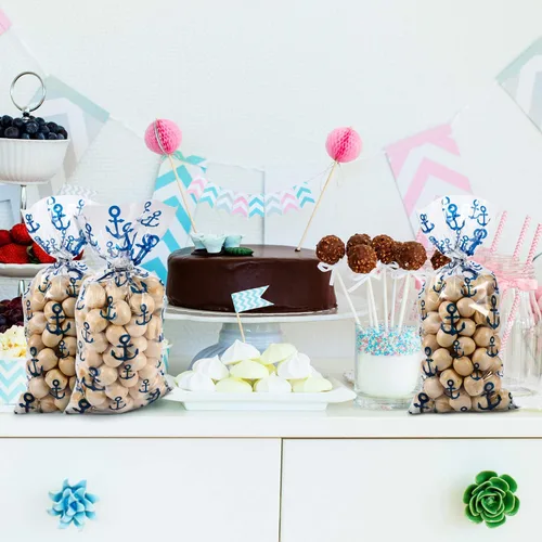 Miniatura 6 de Blulu 100 bolsas de celofán con anclajes náuticos, regalo de fiesta, bolsas de golosinas náuticas sellables con 100 lazos de regalo para cruceros
