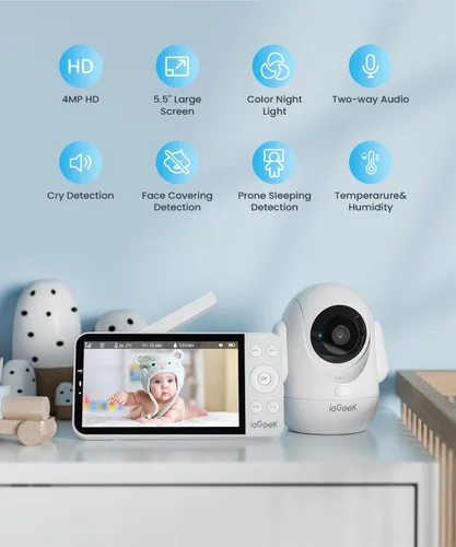 Miniatura 5 de ieGeek Monitor de Bebé con Pantalla Dividida de 5.5'', Monitor de Bebé UHD 2.5K con 2 Cámaras y Audio, Luz Nocturna, Detección de Sueño Boca Abajo