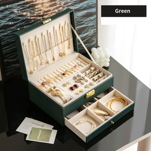 Miniatura 2 de GUOER Joyero para mujer, niña, esposa, grande, de piel sintética, organizador de joyas, con dos capas, para aretes, pulseras, anillos, relojes