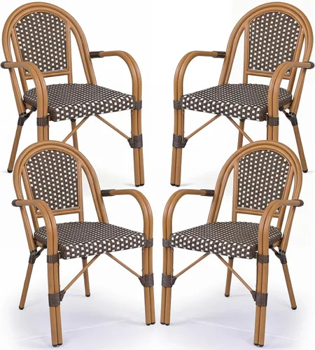 Miniatura 18 de Tangkula Juego de 2 sillas de bistró francesas para exteriores, sillas de mimbre de polietileno tejidas a mano con reposabrazos, sillones de comedor