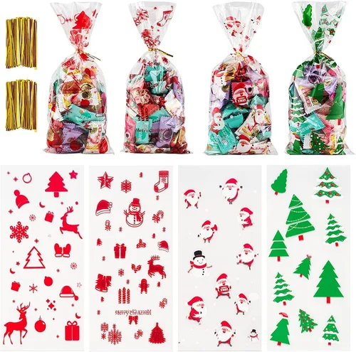 Surtido de 200 bolsas de celofán de Navidad para golosinas navideñas, recuerdos de fiesta, bolsas de dulces, regalos, suministros de fiesta