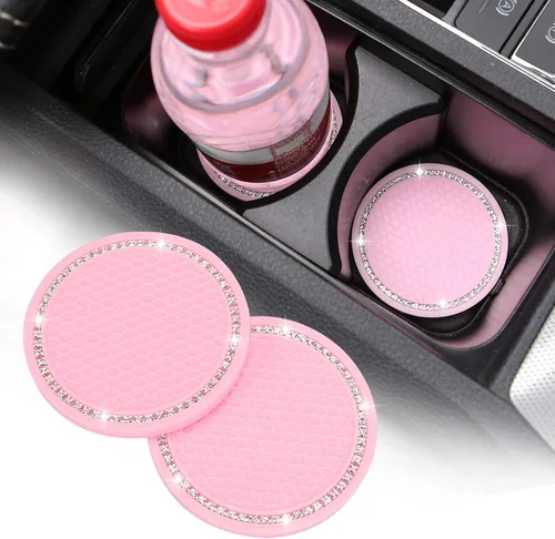 Miniatura 10 de Juego de 2 posavasos de cristal brillante de 2.75 pulgadas para automóvil, diseño redondo de goma con brillantes de cristal de imitación para Negro
