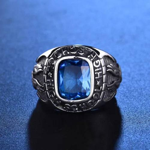 Miniatura 2 de MASOP Los hombres de la escuela secundaria azul cielo anillos joyería de acero inoxidable tono plata tamaño 8-15