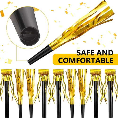Miniatura 3 de Skylety 48 piezas de ruidos dorados con brillantina, sopladores de fiesta con flecos metálicos, cuernos para adultos, bodas, graduaciones