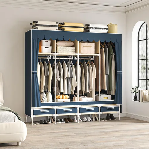Miniatura 7 de Armario portátil con 4 cajones y 3 estantes, gran capacidad de 67 pulgadas, organizador colgante independiente con tapa para dormitorio, azul