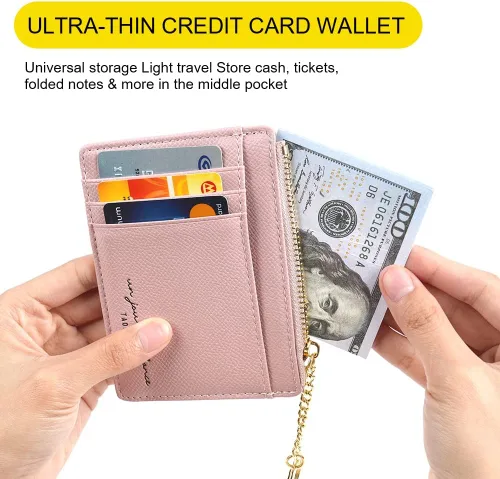 Miniatura 94 de URAQT Cartera para tarjetas de crédito, cartera minimalista de cuero delgado con cremallera, mini protector de tarjeta de crédito, llavero bolsillo
