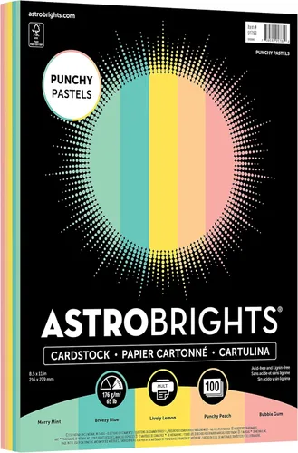 Astrobrights Punchy Pastel Assortment - Cartulina, 8.5" x 11", 65 lb. Surtido de 5 colores, 100 hojas (91786)