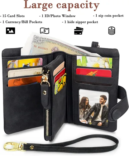 Miniatura 2 de CONISY Billeteras pequeñas de pulsera para mujer, billetera de cuero plegable RFID con ventana de identificación y cremallera Small, Bifold, RFID