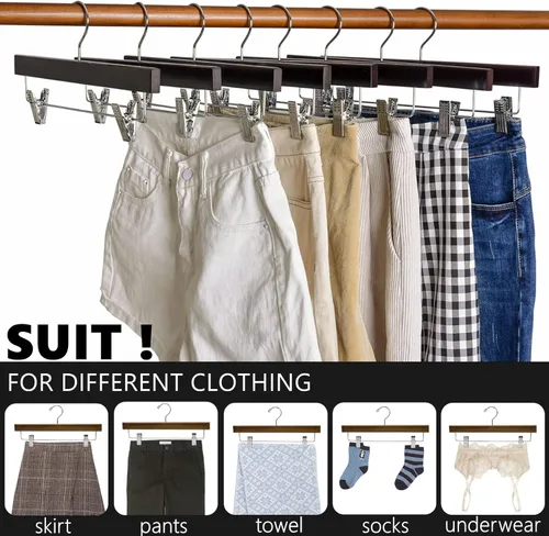 Miniatura 4 de Amber Home Paquete de 24 perchas retro de madera para pantalones con clips, parte inferior de madera de nogal para jeans, colgador de clips