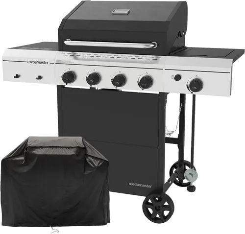 Megamaster - Parrilla de gas de 4 quemadores con quemador lateral y cubierta de parrilla, 52,000 BTUs, área de cocción de 568 pulgadas cuadradas,