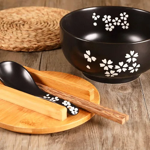 Miniatura 5 de WHJY Cuenco de cerámica negro con tapa, cuchara, palillos para sopa, arroz, fideos. Vajilla de estilo tradicional japonés.