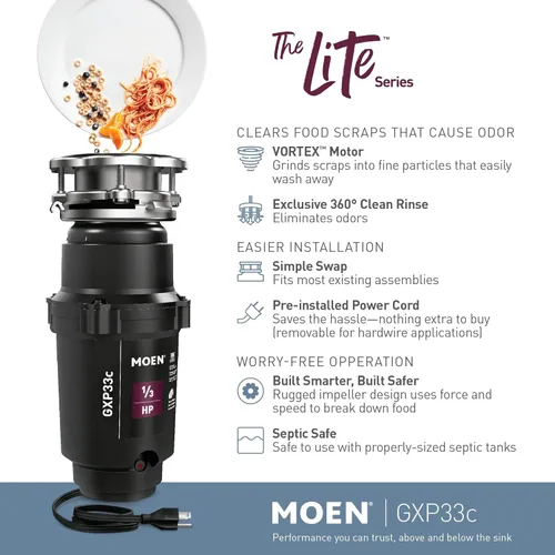 Miniatura 2 de Moen Lite Series PRO GXP33C - Triturador de basura compacto de alimentación continua para fregadero de cocina con cable de alimentación