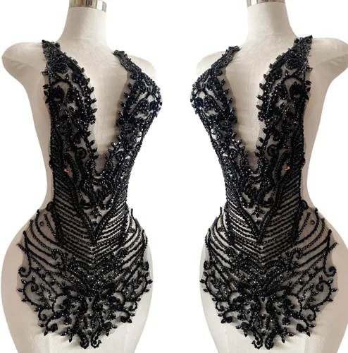 Apliques de diamantes de imitación hechos a mano para coser en cuentas, parches de recorte, accesorios para vestido de novia, parche de encaje Negro