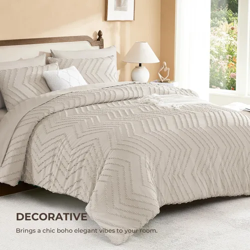Miniatura 3 de Litanika Juego de ropa de cama con edredón tamaño King con sábanas beige - Juego de 7 piezas en una bolsa, diseño King Chevron copetudo bohemio
