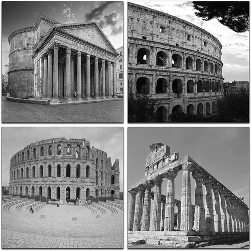 Miniatura 10 de NAN Wind Moderno lienzo de 4 paneles de arquitecturas en blanco y negro de giclée, pinturas de paisajes en lienzo de edificios de Roma, pinturas