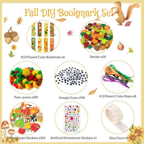 Miniatura 2 de 32 juegos de marcadores de otoño DIY kit de manualidades de otoño en blanco con hojas de arce y ojos meneantes, calcomanías de espuma con pompones