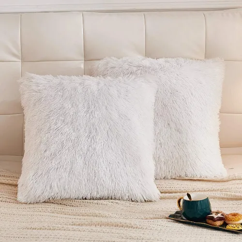 LIFEREVO Paquete de 2 fundas de almohada de piel sintética esponjosa, fundas de almohada cuadradas de 18 x 18 pulgadas, fundas de almohada Blanco